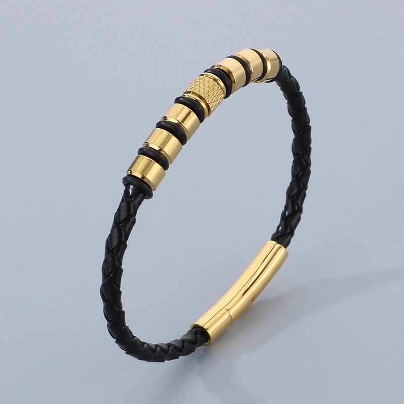 Leather Power Bracelet with Metal Trim ( 18k Gold Plating )