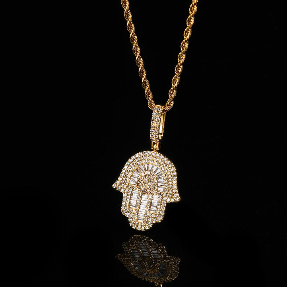 Zirconia Gold Diamond Hamsa  (Pendant + Chain)