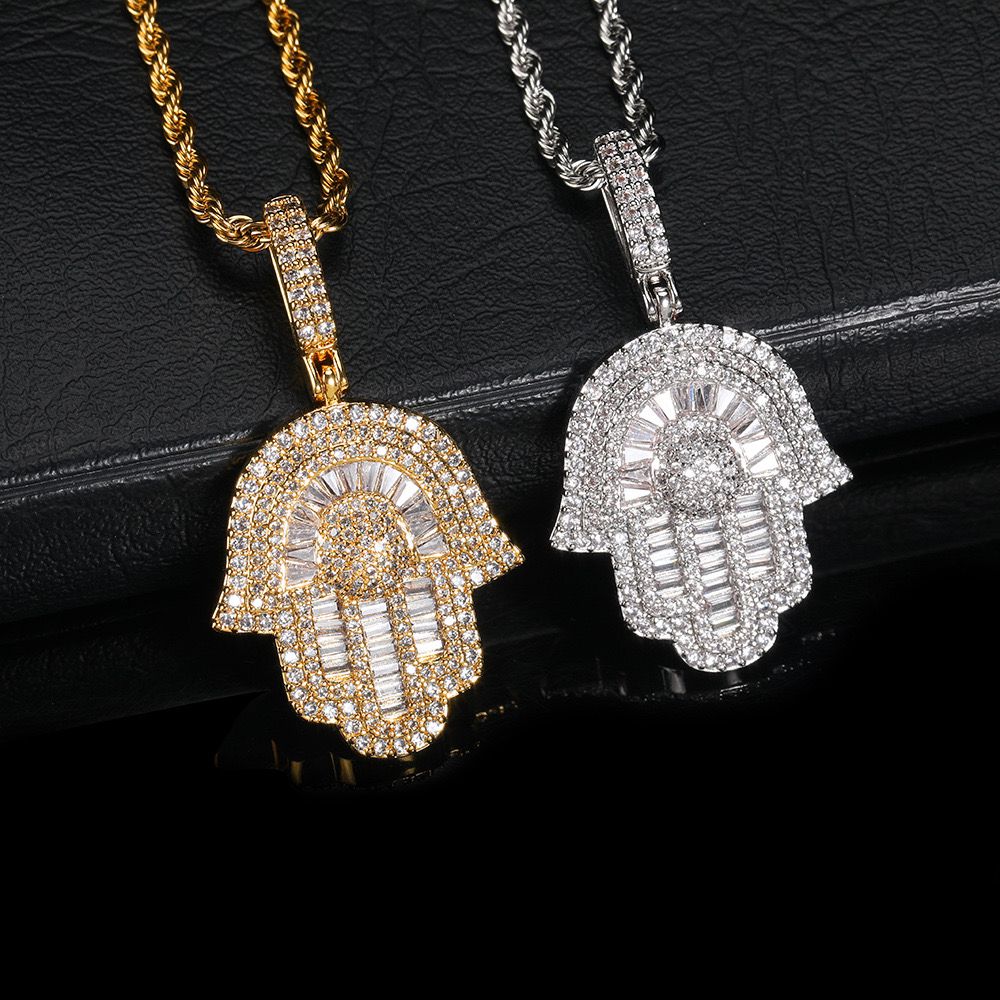 Zirconia Gold Diamond Hamsa  (Pendant + Chain)