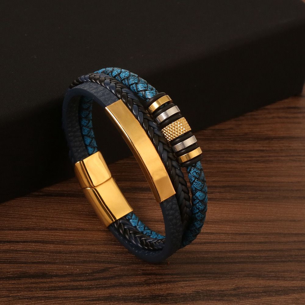 Blue Leather Titanium Classic Bracelet