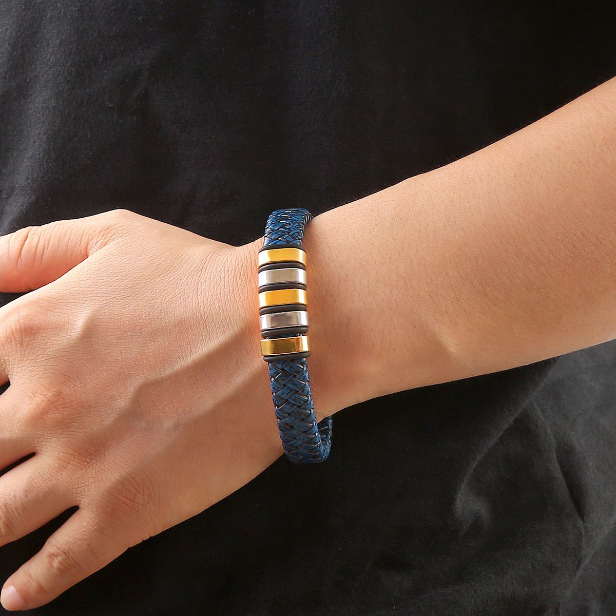 Blue Titanium Steel Leather Bracelet