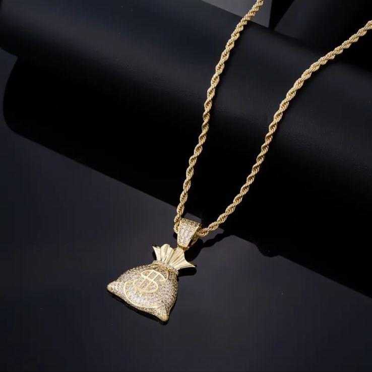 Ice Out Money Dollar Bag (Pendant + Chain) -18K Gold Plating