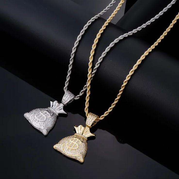 Ice Out Money Dollar Bag (Pendant + Chain) -18K Gold Plating