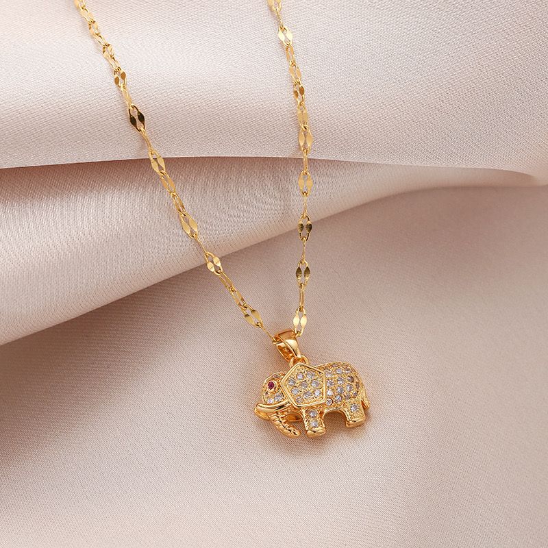 Zircon Elephant Pendant Necklace (18K Gold Plating)